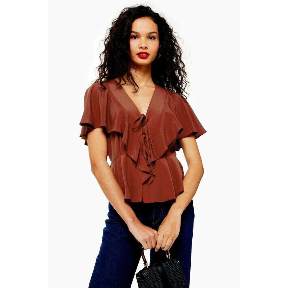 Topshop Women's Ruffle Tie Front Blouse In Brown Rust Size 4